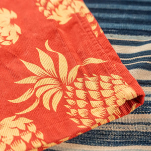 Sun Surf Dukes Pineapple Corduroy Aloha Shirt Red close up hem