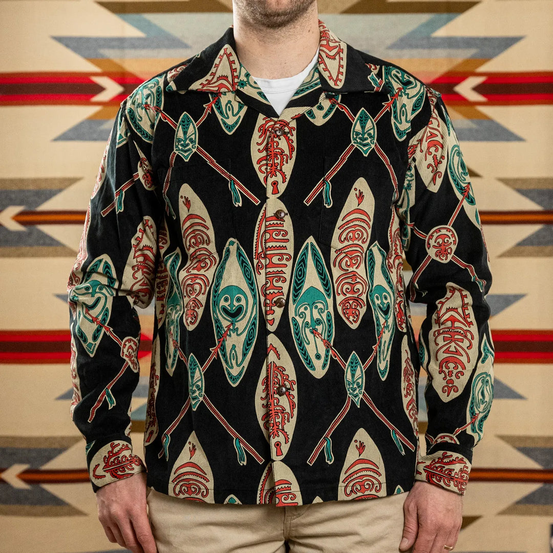 Sun Surf Gods Shield Corduroy Aloha Shirt Black Long Sleeve worn front