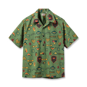 Sun Surf Insignia of Army Herringbone Hawaiian Shirt Olive flat front