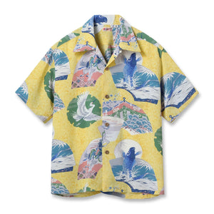 Sun Surf Japanese Quaint Rayon Kabe Crepe Hawaiian Shirt Yellow flat