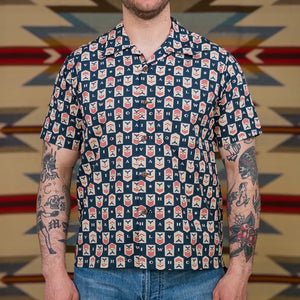 Sun Surf Navy Chevron Broadcloth Hawaiian Shirt Navy worn front