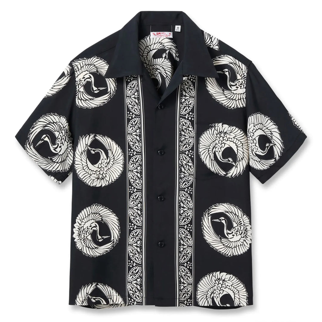Sun Surf Oriental Border Rayon Hawaiian Shirt Black front flat