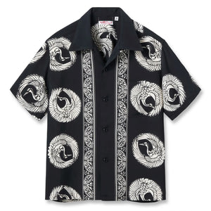 Sun Surf Oriental Border Rayon Hawaiian Shirt Black front flat