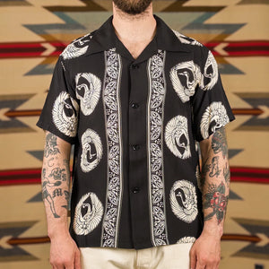 Sun Surf Oriental Border Rayon Hawaiian Shirt Black worn front