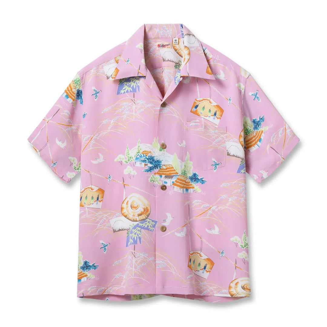 Sun Surf Scarecrow Rayon Kabe Crepe Hawaiian Shirt Pink front