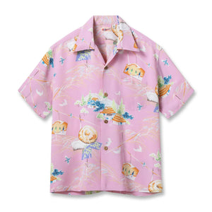 Sun Surf Scarecrow Rayon Kabe Crepe Hawaiian Shirt Pink front