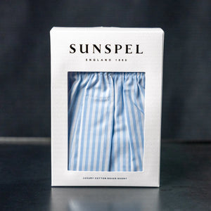 Sunspel Classic Boxer Shorts Stripe Light Blue packaged