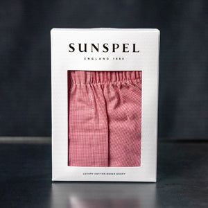 Sunspel Classic Boxer Shorts Micro Gingham Red packaged