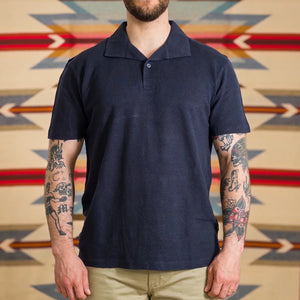 Sunspel Linen Pique Polo Shirt Navy worn front
