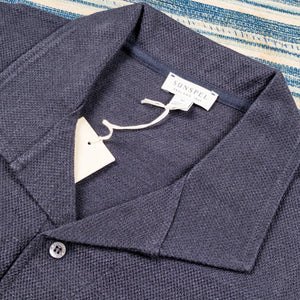 Sunspel Linen Pique Polo Shirt Navy close up collar