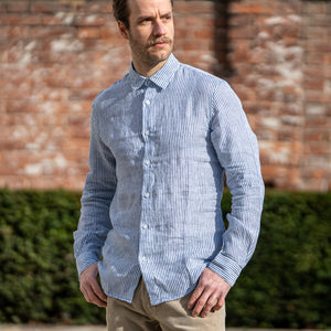Sunspel Linen Shirt – Navy Stripes