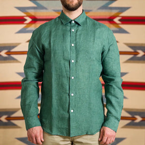 Sunspel Linen Shirt Bright Green worn front