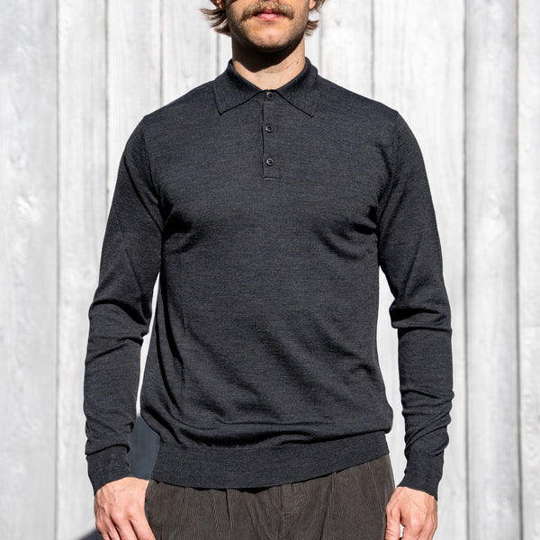 Sunspel Extra-Fine Merino Wool Polo Shirt – Charcoal Melange