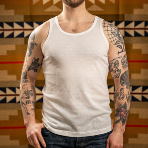 Sunspel Q14 Cellular Cotton Underwear Vest White worn front