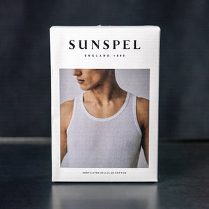Sunspel Q14 Cellular Cotton Underwear Vest White packaged