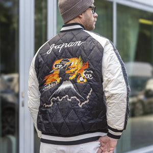 Taion Reversible Sukajan Down Jacket Black lifestyle worn backside embroidery