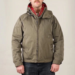 Ten C 13 ounce OJJ Anorak Jacket Dark Olive worn front collar open