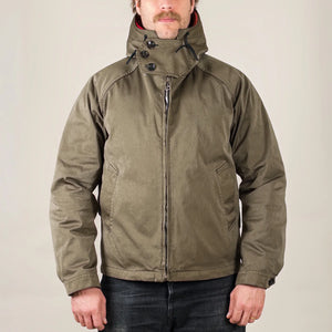 Ten C 13 ounce OJJ Anorak Jacket Dark Olive worn front collar closed