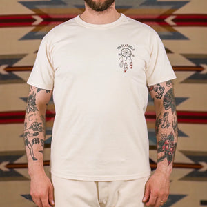 The Flat Head War Bonnet 9oz Loopwheeled TShirt Natural worn front