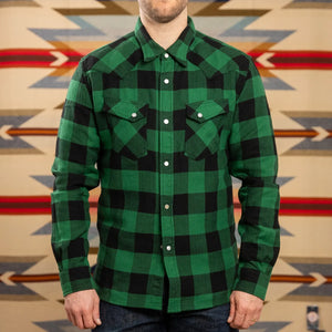 The Flat Head 9oz Block Check Selvedge Flannel Western Shirt Green Black worn front
