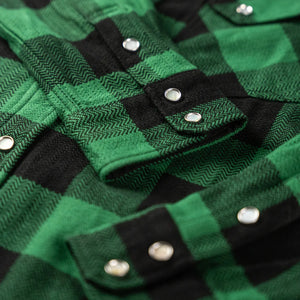 The Flat Head 9oz Block Check Selvedge Flannel Western Shirt Green Black detail cuffs