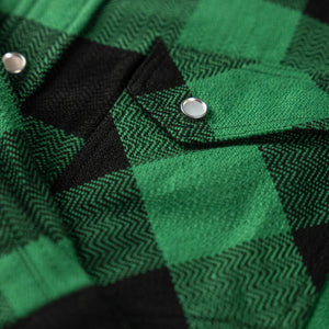 The Flat Head 9oz Block Check Selvedge Flannel Western Shirt Green Black close up pocket