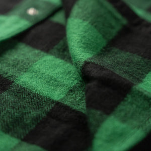 The Flat Head 9oz Block Check Selvedge Flannel Western Shirt Green Black close up fabric