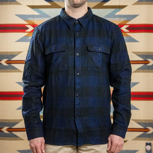 The Flat Head 9oz Block Check Selvedge Flannel Workshirt Indigo Black worn front