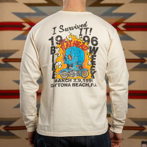 The Flat Head Bike Week 11oz Loopwheeled Longsleeve Ivory worn backside