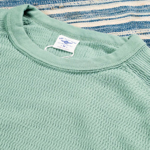 The Flat Head Honeycomb Thermal Raglan TShirt Mint Green close up crew neck