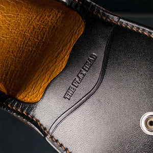 The Flat Head Shinki Hikaku Cordovan Coin Case Brown detail embossing