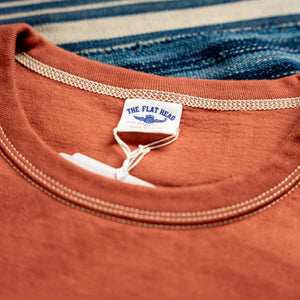 The Flat Head THC 10oz Heavyweight Loopwheeled TShirt Orange close up crewneck