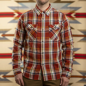 UES 14oz Heavy Selvedge Flannel Shirt Brick Red worn front