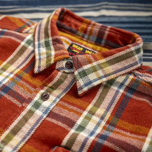 UES 14oz Heavy Selvedge Flannel Shirt Brick Red close up collar