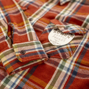 UES 14oz Heavy Selvedge Flannel Shirt Brick Red close up cuff and chest pocket