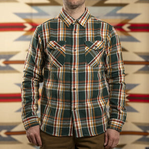 UES 14oz Heavy Selvedge Flannel Shirt Green worn front