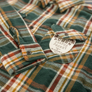 UES 14oz Heavy Selvedge Flannel Shirt Green close up cuff and chest pocket