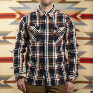 UES 14oz Heavy Selvedge Flannel Shirt Dark Navy worn front