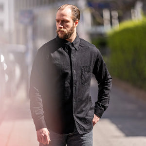 UES 6oz Sulphur Dyed Denim B D Shirt Black worn lifestyle