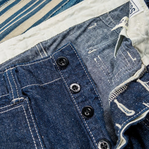 UES 11 ounce Multi Pocket Denim Work Pants Indigo Wide Straight close up button fly