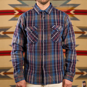 UES 14oz Heavy Selvedge Flannel Shirt Blue worn front
