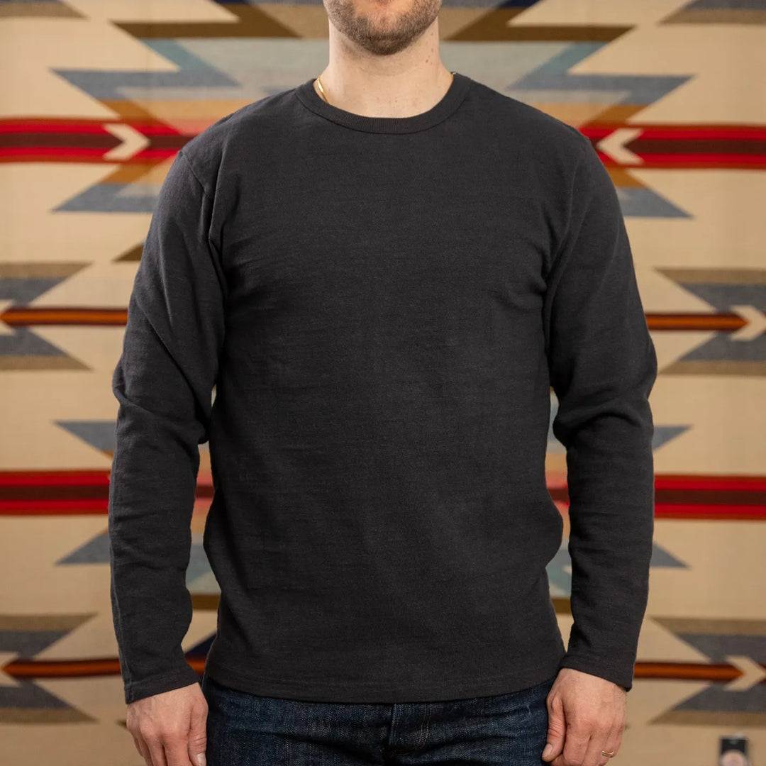 UES No8 9oz Heavyweight Slub Nep Longsleeve Black worn front