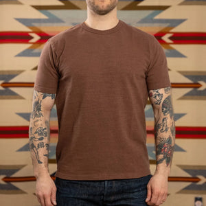 UES No8 9oz Heavyweight Slub Nep TShirt brown worn front
