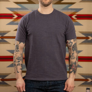 UES No8 9oz Heavyweight Slub Nep TShirt Purple Navy worn front