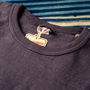 UES No8 9oz Heavyweight Slub Nep TShirt Purple Navy close up collar