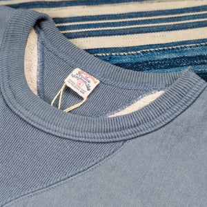 UES Shin Purcara 17oz Heavyweight Loopwheeled Sweatshirt Blue Grey close up crew neck