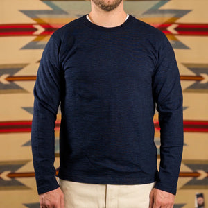 UES No 7 Super Slub Yarn Dyed Longsleeve Indigo Dyed worn front