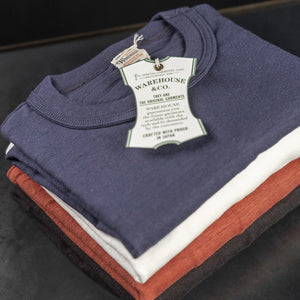 Warehouse Company Lot 4601 Loopwheel Slub Yarn TShirt Salmon close up tshirt stack 4 colors