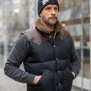 Warehouse Co with Rocky Mountain Featherbed Lot2235 Christy Down Vest Black worn lifestyle