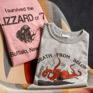 Warehouse Co Lot 4096 Death From Below Loopwheeled TShirt Grey Heather folded two styles